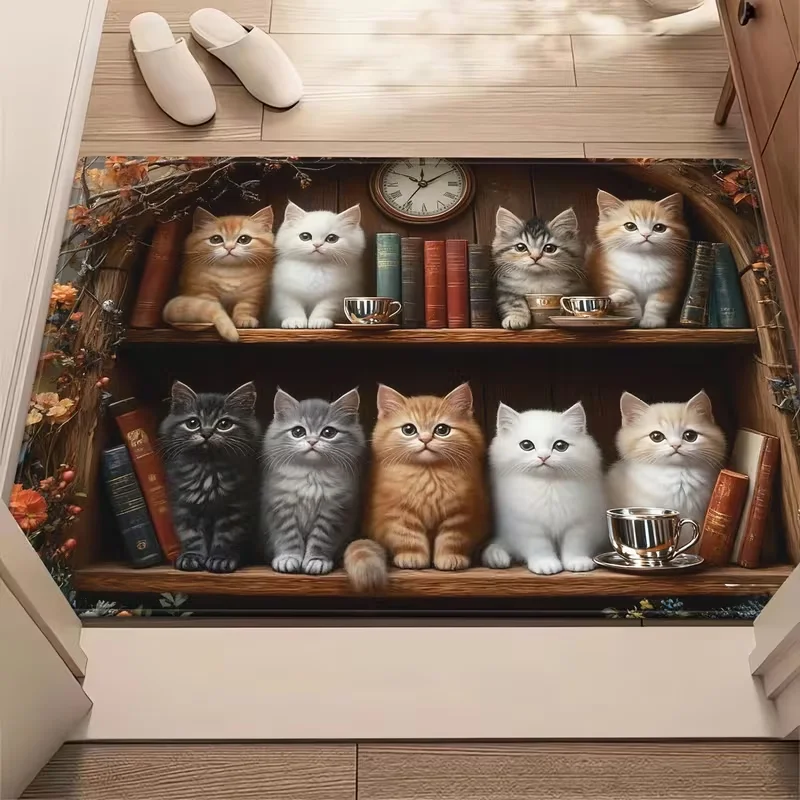 Cute Bookshelf Cat Design Entrance Mat Cat Book Printed Non-Slip Door Mat Washable Rug for Kitchen Bedroom Bathroom Decor