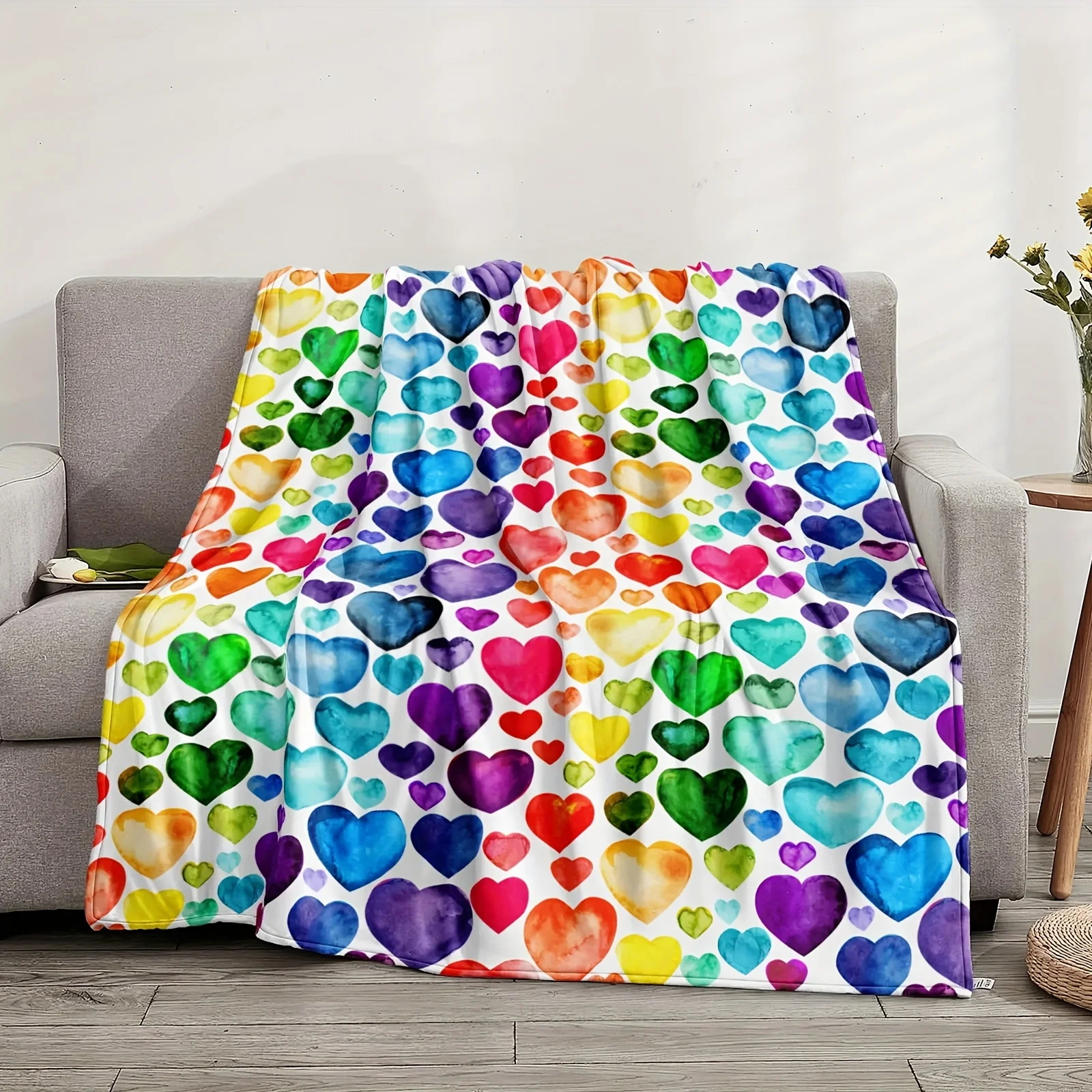 

1pc Colorful Heart Print Throw Blanket Soft Blanket for Sofa Office Bed Camping Travel Rainbow Heart Decorative Bed Sofa Blanket