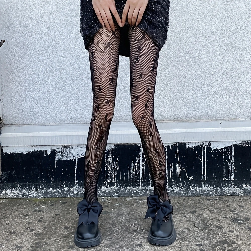 Moon Star Pattern Fishnet Tights Women Black Elastic Sheer Mesh  Lolita Slim Daily All Match Pantyhose