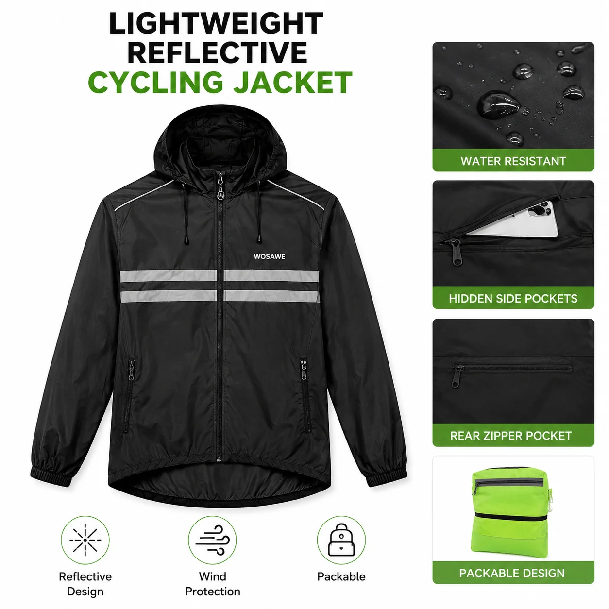 Lightweight Reflective Cycling Jacket Men Windbreaker Hooded Outdoor Running Coat Packable Waterproof Rain Jacket for Bike Ridin