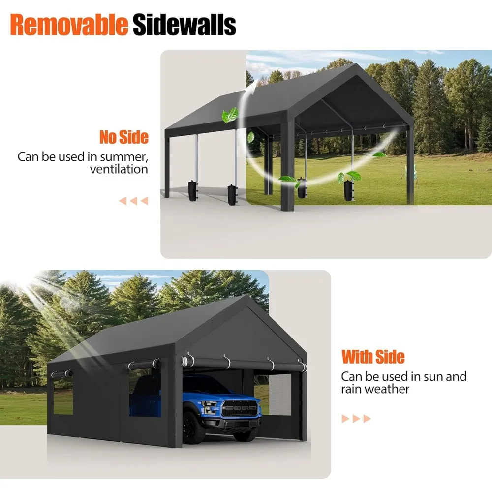 Carport, 12x20 Ft Heavy Duty Carport with Roll-up Windows, Portable Garage with Removable Sidewalls & Doors, Car Canopy