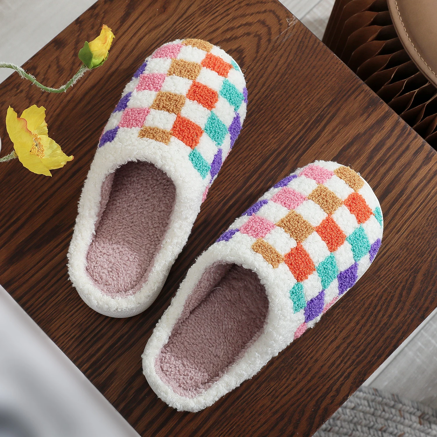 Autumn and winter thick-soled home indoor wear cotton slippers colorfulful plaid pattern plush soft-soled slippers home non-slip plush shoes