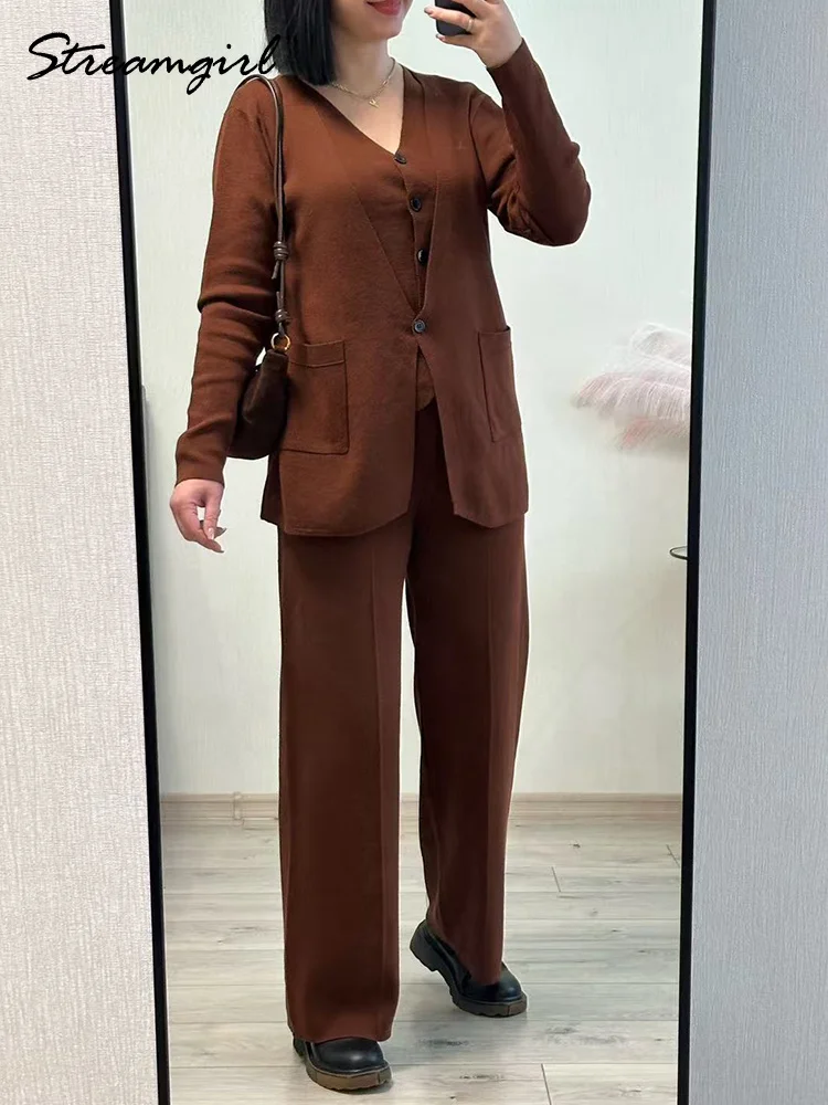 Burgundy Knitted Pants Set 3 Piece Women Outfits Elegant Wide Leg Pants And Vest Knit Cardigans Fully Pants Sets For Ladies
