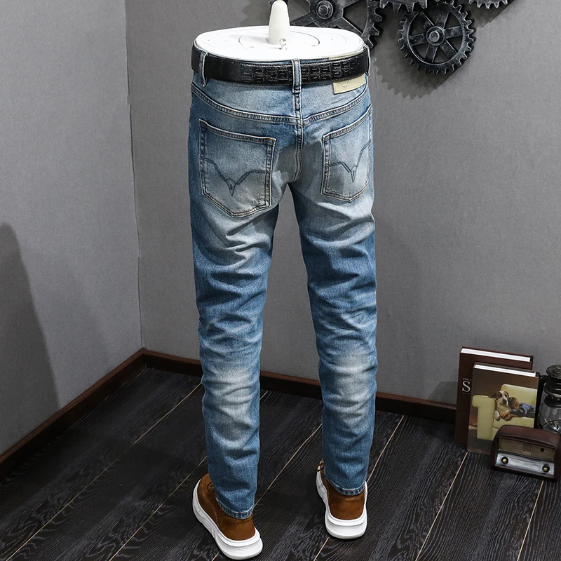 Newly Vintage Fashion Men Jeans Retro Blue Stretch Slim Ripped Jeans Men Classical Trousers Designer Casual Denim Pants Hombre