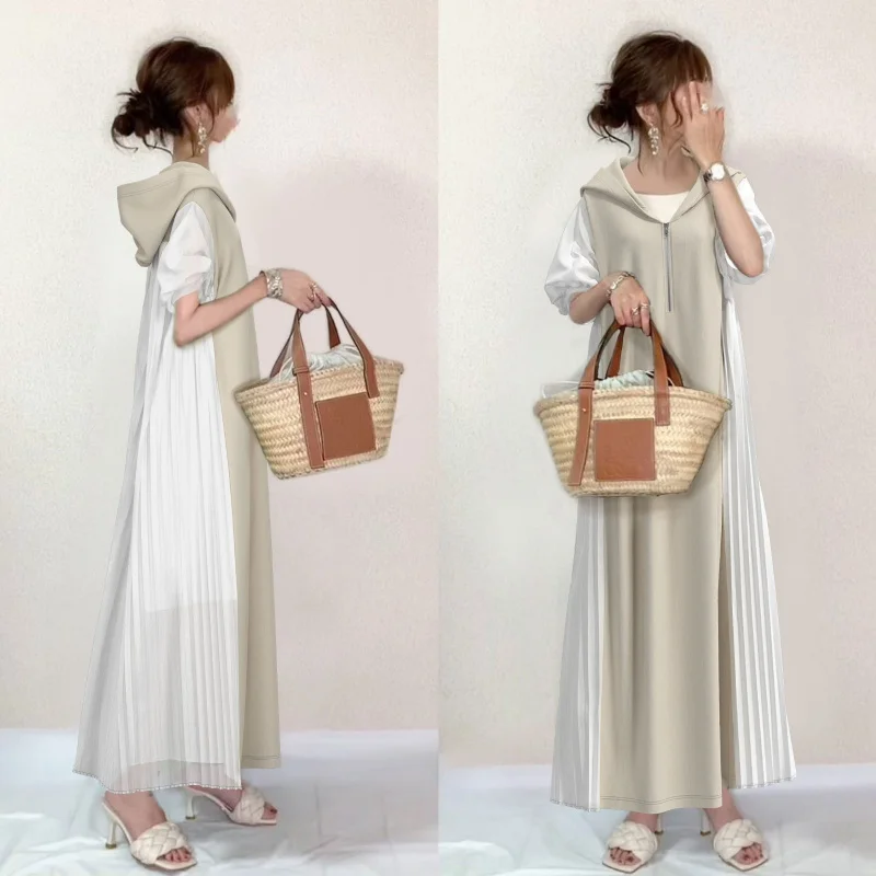 In Stock Japanese Style 2024 Summer Hooded Stitching Pleated Short SleeveSolid Color Flounced Skirt Swing Mid-Length Dre