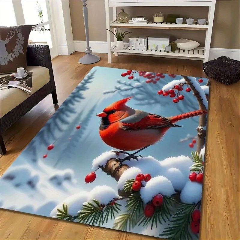 1pc 2D Flat Christmas Rug, Cardinal Bird Snowy Branch Red Berry Print, Machine Washable, Soft, for Entryway, Living Room