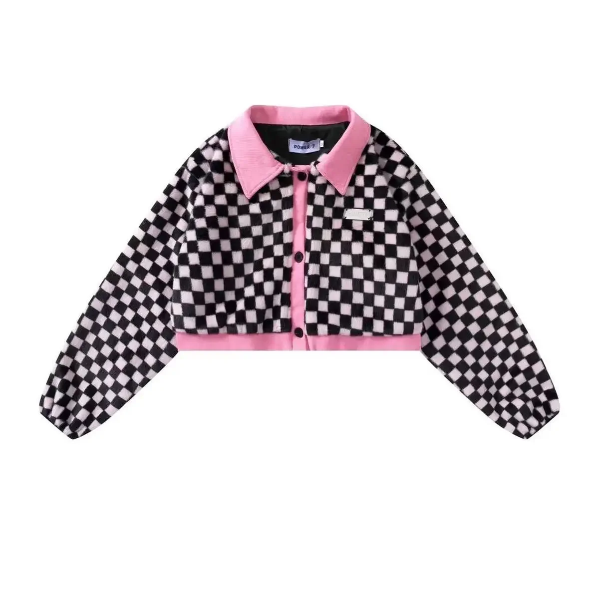 Harajuku Women Autumn Spring Checkerboard Printed Bomber Jackets Contrast Color High Waist Plaids Cardigan Coat Tops Chaquetas