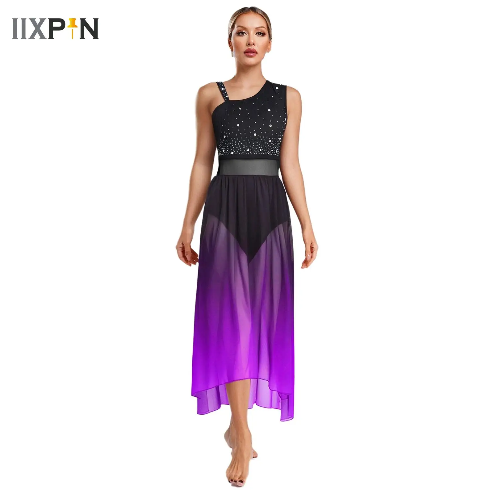 

Women Glittery Lyrical Dance Dress Asymmetrical Shoulder Straps Ballet Gymnastics Leotard Maxi Dresses Stage Performance Costume