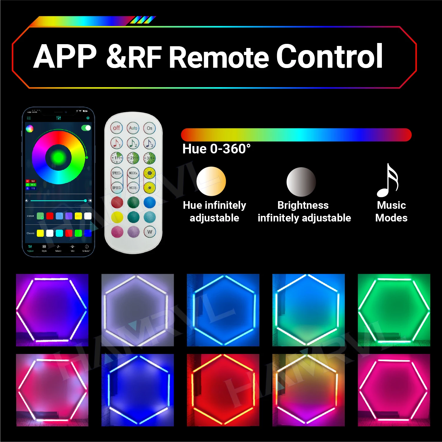 RGB Hexagon Light for Gaming Sound pickup Colorful Change LED Deco Lighting Car Garage Gym Room Party Club Stage Wall Ceiling