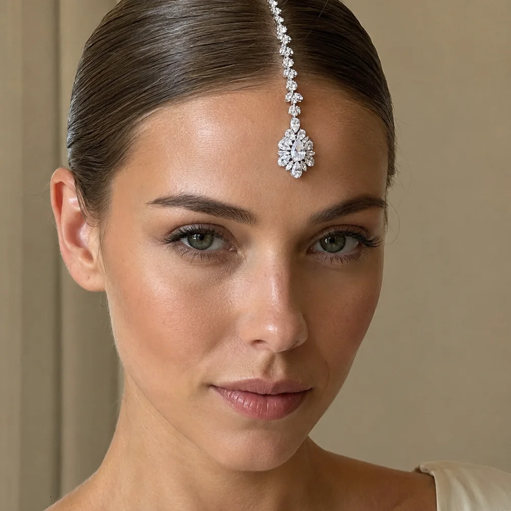 Rhinestone Maang Tikka Forehead Chain Crystal Teardrop Hair Jewelry Clip Bridal Headpiece for Women Wedding Prom Party Festival