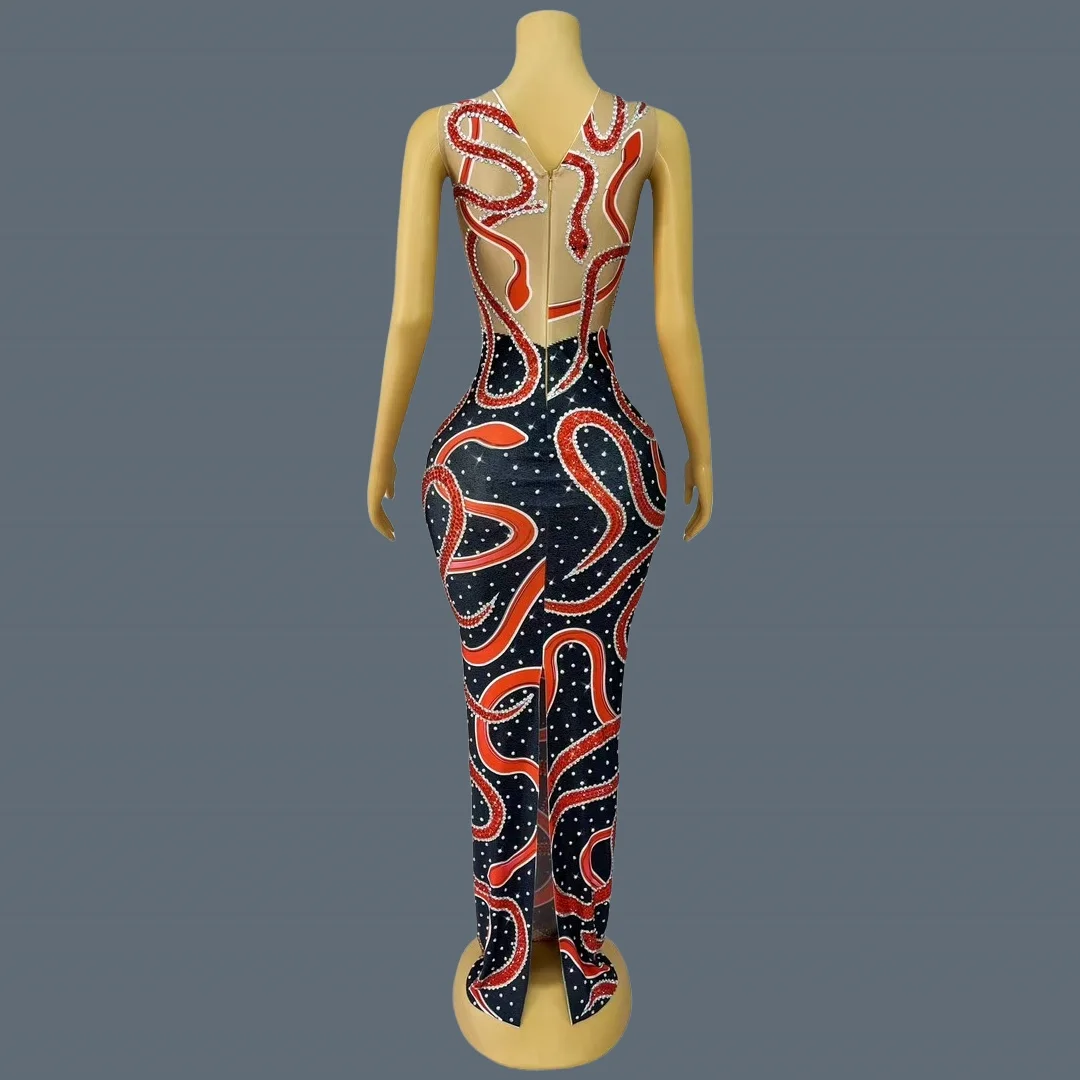 Sexy Red Snake Pattern Sparkly Rhinestone Party Maxi Dress For Women Club Show Skinny Chic Dress Event Evening Dress Hongshewu