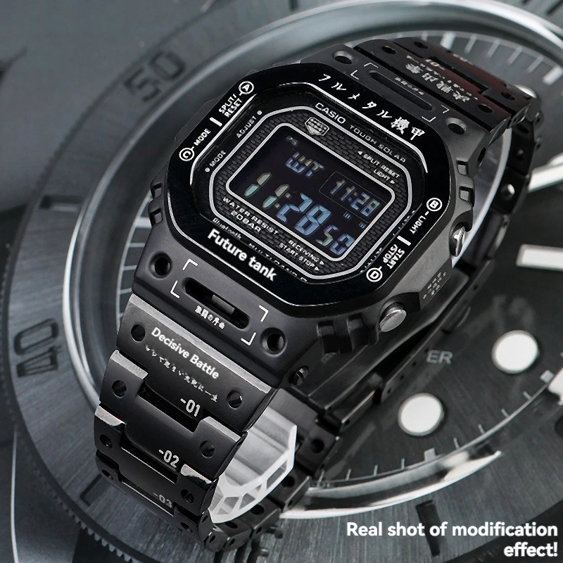 مجموعة Mecha Warrior لـ Casio GMW-B5000 - حافظة كاملة من الفولاذ المقاوم للصدأ بإطار مخصص وسوار معصم، وضع عالي التحمل لمربع G-Shock