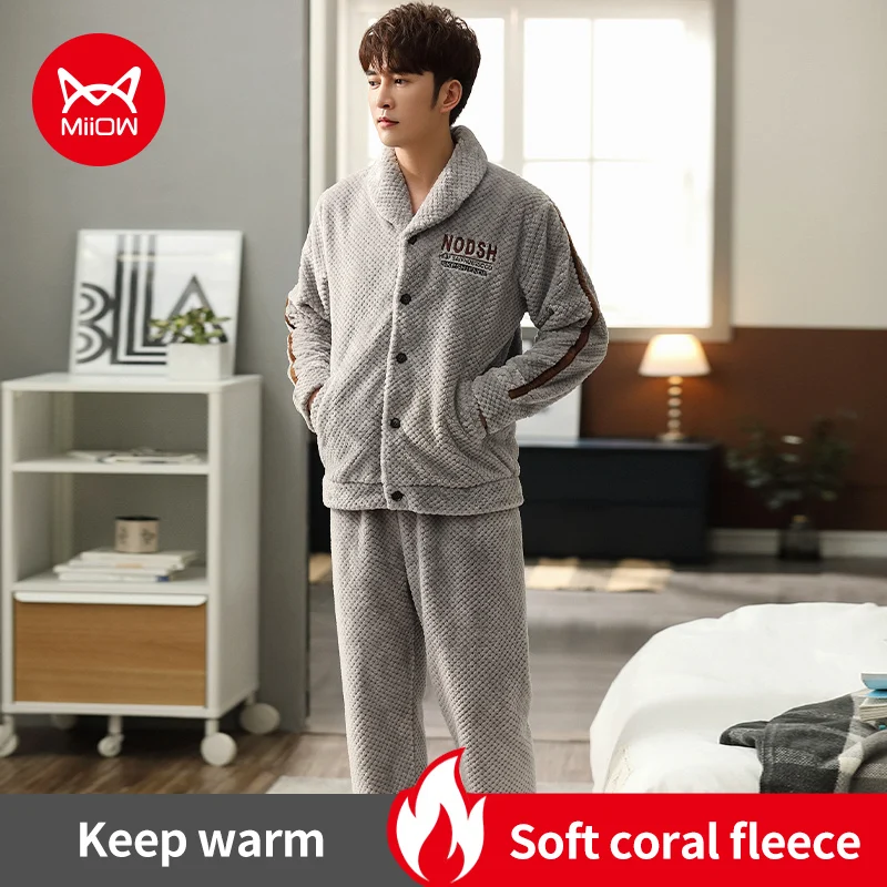 

MiiOW Warm Winter Flannel Men's Pajamas Set Cardigan Long-sleeve Man Warm Homewear Thick Coral Fleece Sleepwear Loose Men Pijama