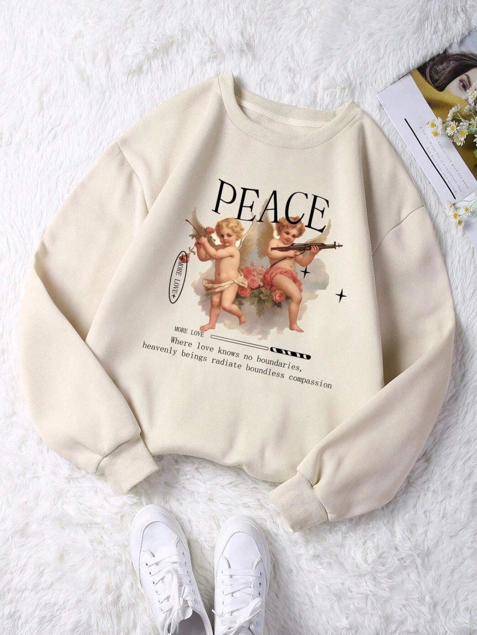 Fashion Women Sweatshirt Peace Cute Cupid Printing Pullover Fleece Warm Crewneck Loose Hoodie Autumn Winter Women's Clothing