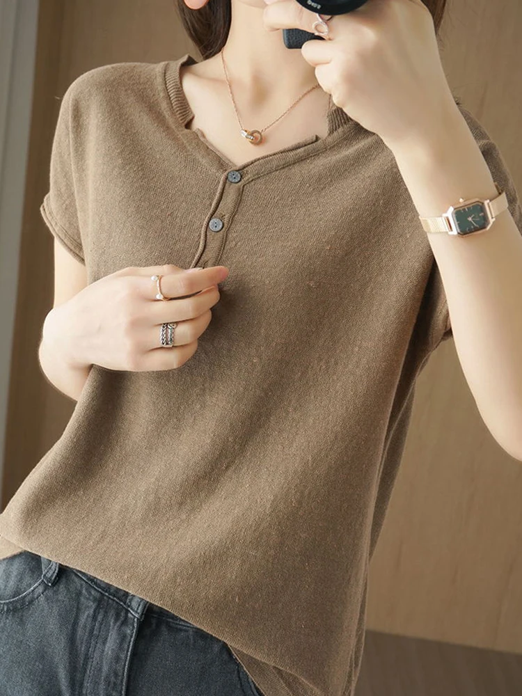 2024 Short Sleeves Womens T-shirt Button V Neck Cotton Linen Loose Tshirt for Female Basic Solid Casual Top Tees Summer