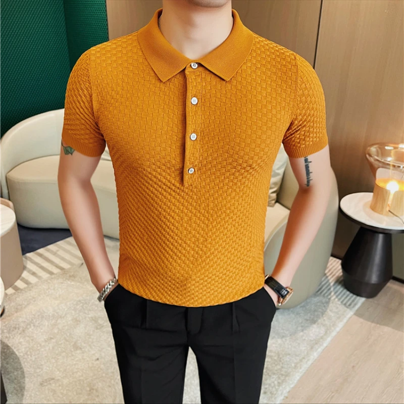 Men's Waffle Knit Polo Shirt -Short Sleeves Top Quality Knitted Polo Shirts/Male Slim Fit Plaid Leisure Golf Shirts Tops Tees