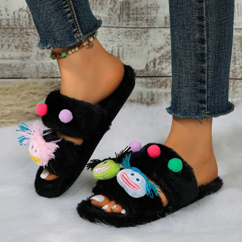 Fashion Ladies Shoes 2024 Winter New Funny Cartoon Women's Slippers Plush Warm Indoor Slippers Casual Comfortable Flat Slippers