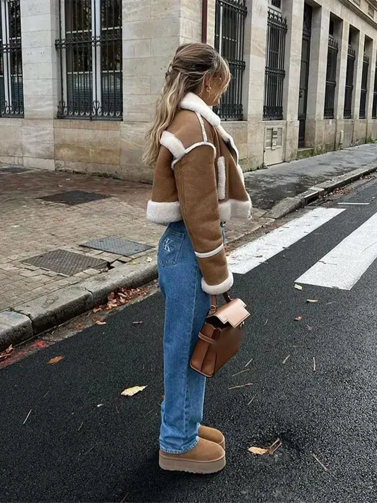 Women Solid Lamb Wool Leather Patchwork Jacket Fashion Lapel Long Sleeve Pocket Short Coat Autumn Winter New Lady Warm Outerwear