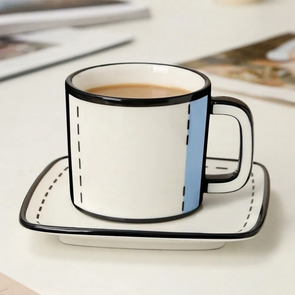 Ceramic Comic Mug Comic Style Large Capacity Anime Water Drink Cup Black Rim Outline with Saucer Breakfast Cup Set Offices