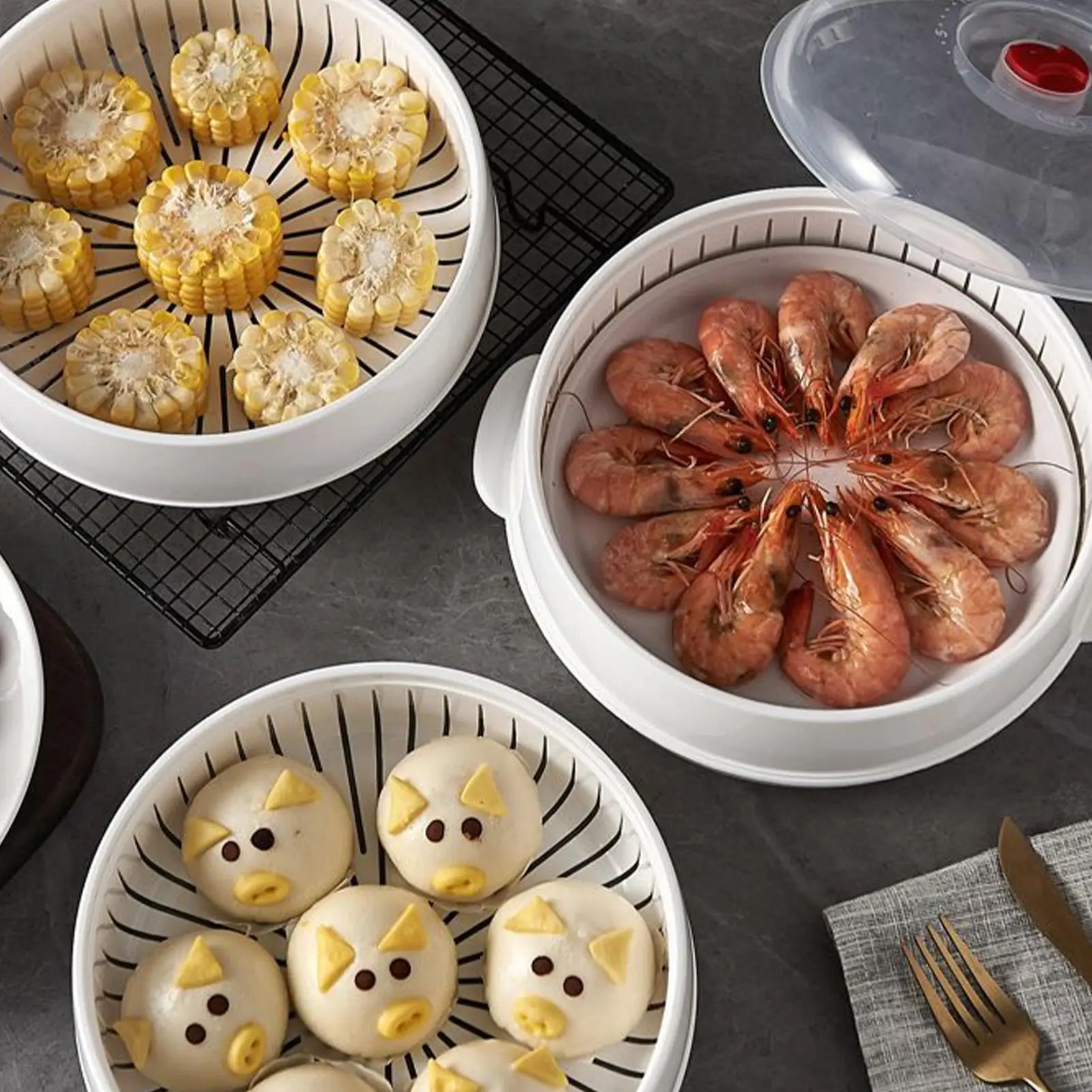 Microwave Steamer Food Steaming Cookware Microwave Steamer with Lid and Tray for Vegetable Rice Egg Dumpling Noodle Cooking