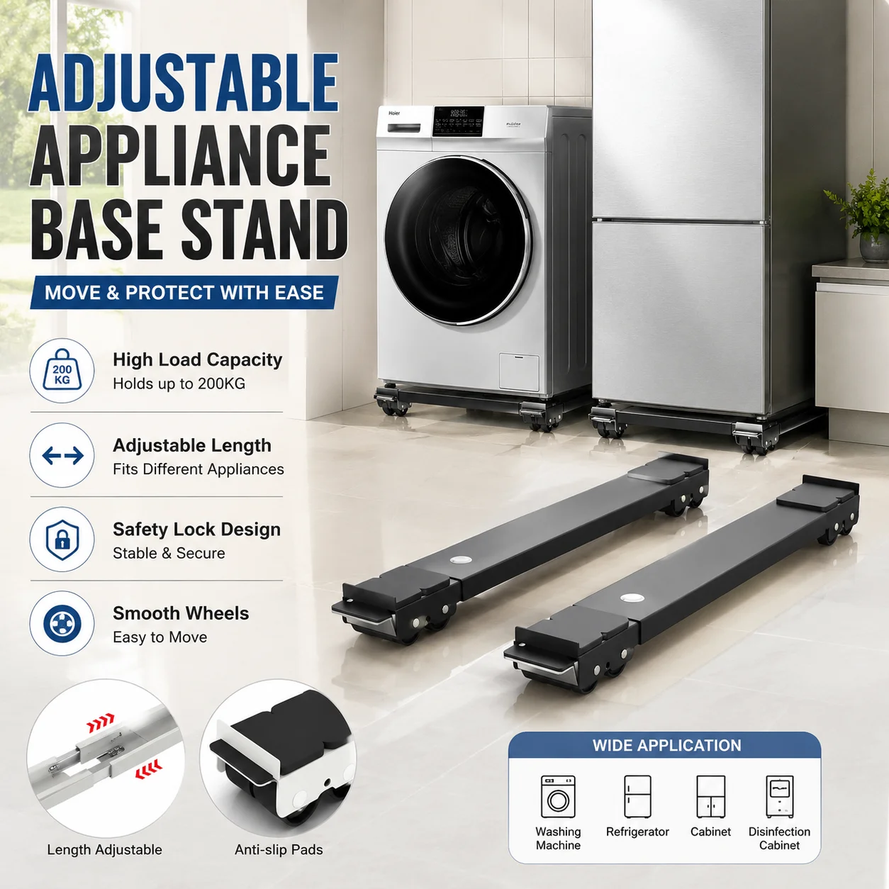 Washing Machine Base Bracket Universal Adjustable Movable Support Stand with Wheels Refrigerator Base Mount Riser Dryer Holder