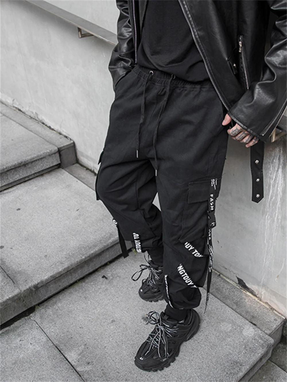 Harajuku Black Hip Hop Men Ribbons Cargo Pants Techwear Japanese Emo Alt Trousers Jogging Street Overszied Hippie Gothic Joggers