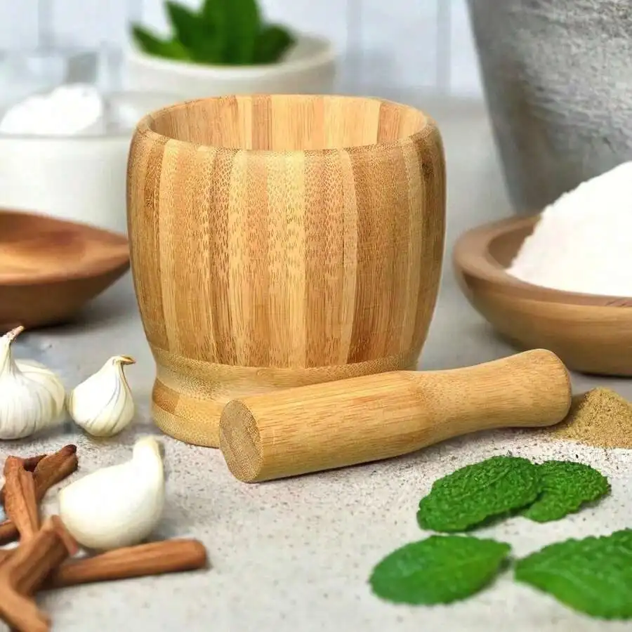 Bamboo Mortar And Pestle Set,8 Oz Natural Seasoning Spice Tools For Crushing Nuts, Grinding Garlic,Making Guacamole,Salad Dressi