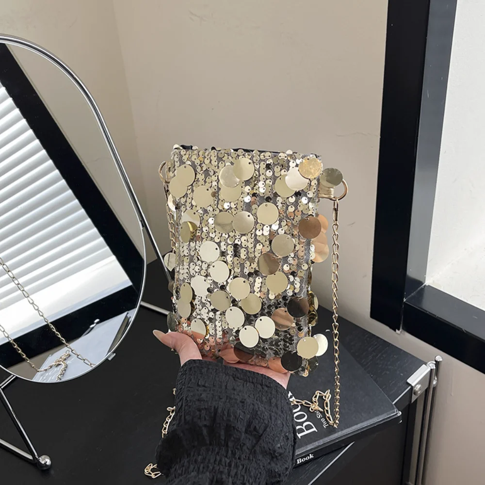 

Fashion Sequined Shoulder Bag Women Metal Chain Phone Purse Trendy Crossbody Bag Small Handbags Women Mini Small Square Bag