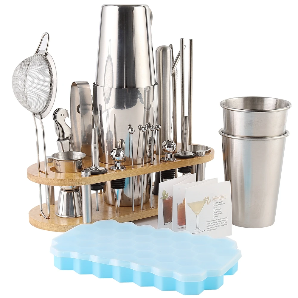 23-26pcs Boston Cocktail Shaker Set Wine Mixer Bartender Kit Cobbler Shaker Bars Set Tools Ice Cube Mold With Wooden Stand