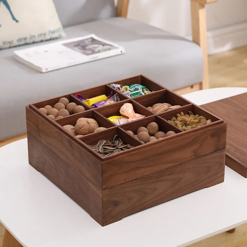 Double-layer walnut solid wood candy box creative with lid tray compartment snacks dried fruit basin storage box