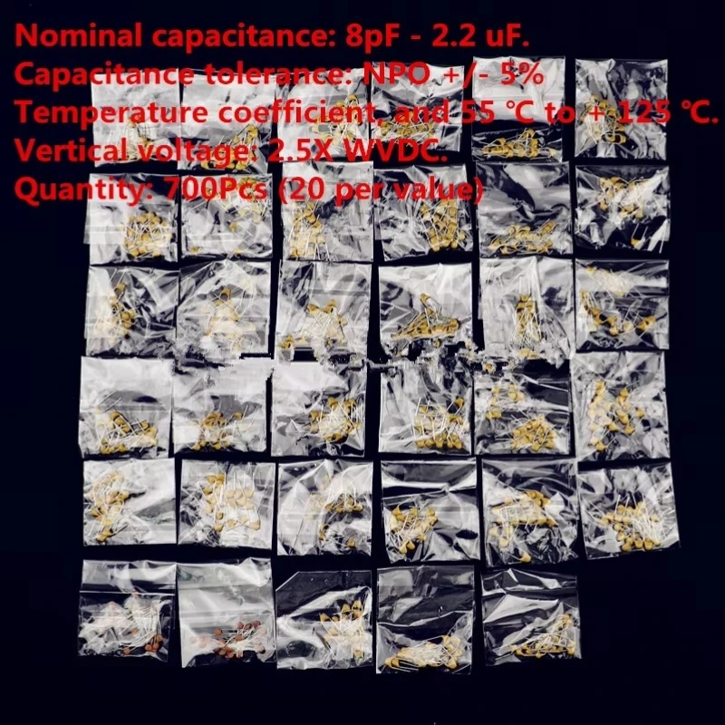 35 Values 8pF~2.2uF DIP Multilayer Ceramic Capacitors Assortment Kit 700Pcs Multilayer Ceramic Capacitor