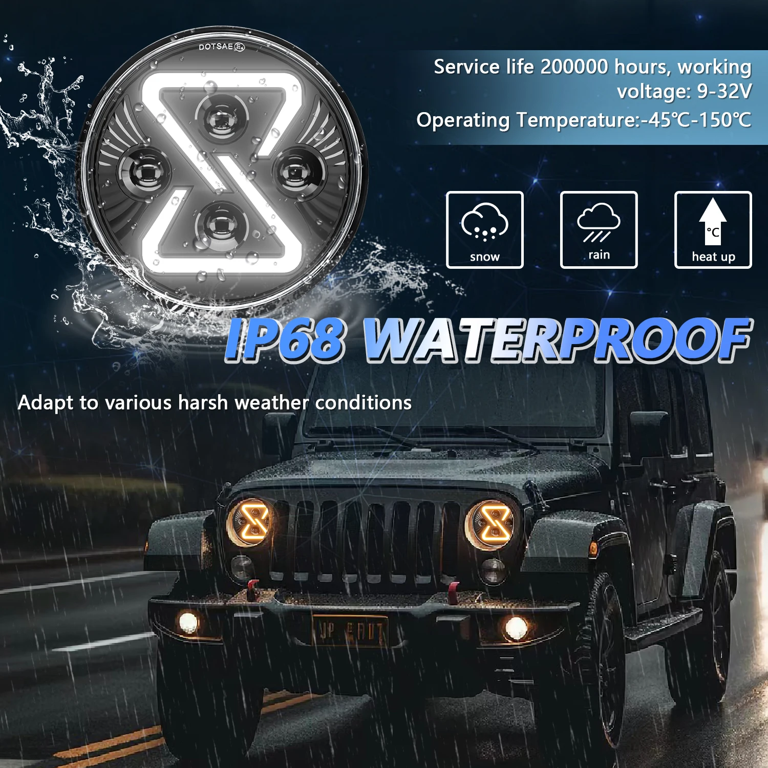 7 Inch LED Headlight Round Wrangler Headlight 200W 30000LM Yellow Gradient Angel Eyes H4 Headlamp for Jeep Halley 6000K/3500K