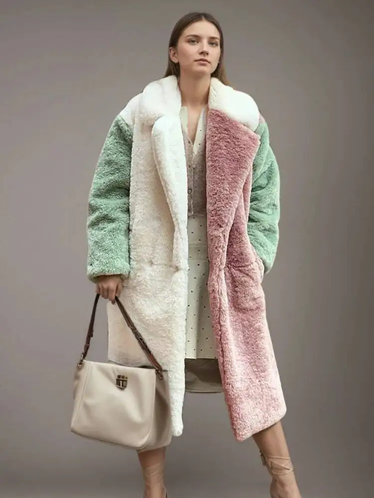 

DEAT Fashion Contrast Color Faux Fur Coat Women's Lapel Loose Long Sleeves Plush Thick Overcoat Winter New