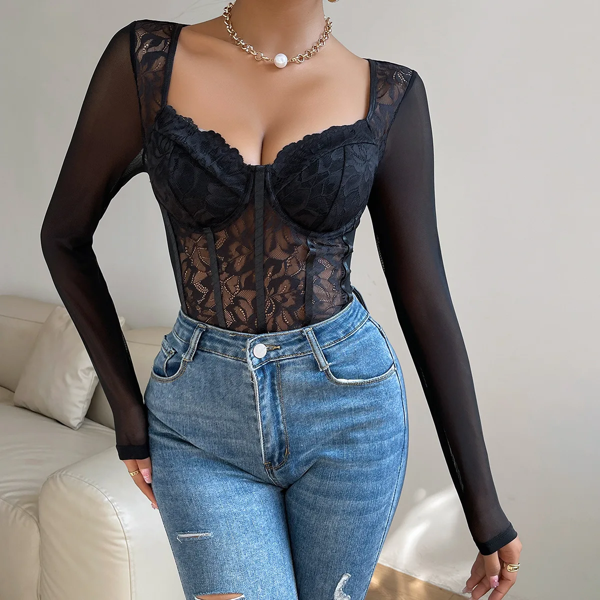 Seksi renda Bustier wanita kamisol Jumpsuit atasan Bra Underwired Brassiere korset tulang ikan Slim Fit Top hitam