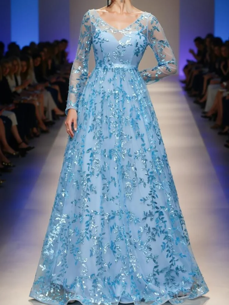 

Элегантные аппликации, синие цветочные бусины, длинные рукава, трапециевидные вечерние платья, платья для дня рождения, выпускного вечера по индивидуальному заказу