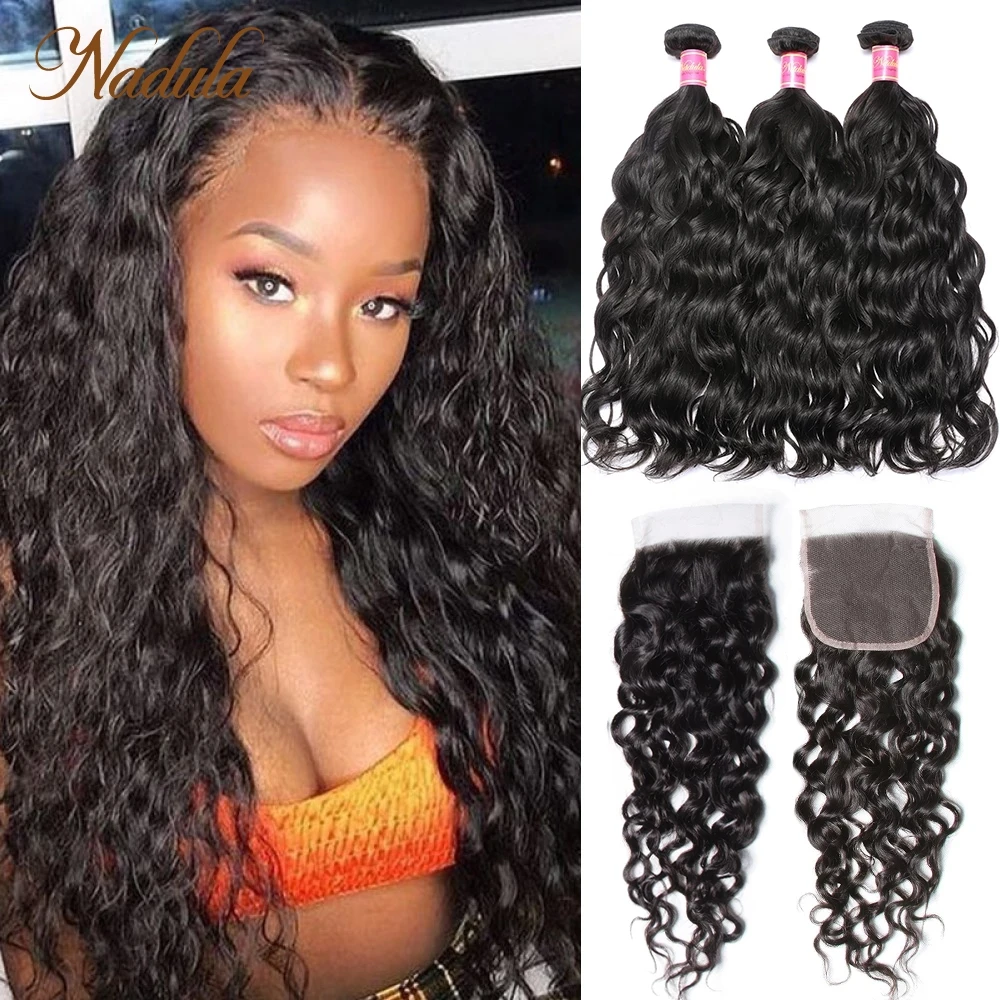 

Nadula Hair Brazilian Hair Water Wave Bundles With Closure 3 Bundles With Lace Closure Human Hair Weave Bundles With Closure