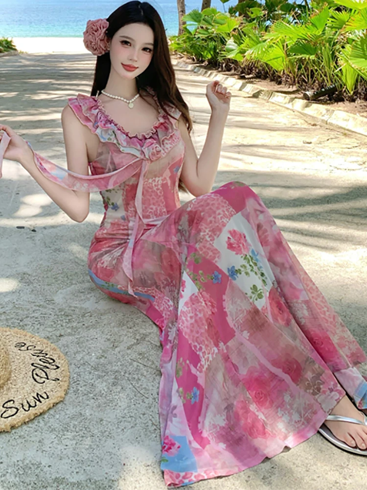 Abito da donna sexy con colletto arricciato floreale rosa Abito estivo Boho elegante di lusso maxi abito 2025 Abito da festa aderente vintage coreano