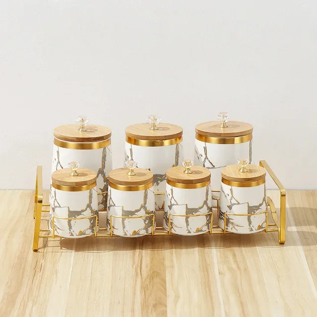 

Ceramic Storage Jar 7 Piece Set Airtight Jar with Wooden Lid Storage Tank Food Storage Box Tea Spice Jars Kitchen Storage