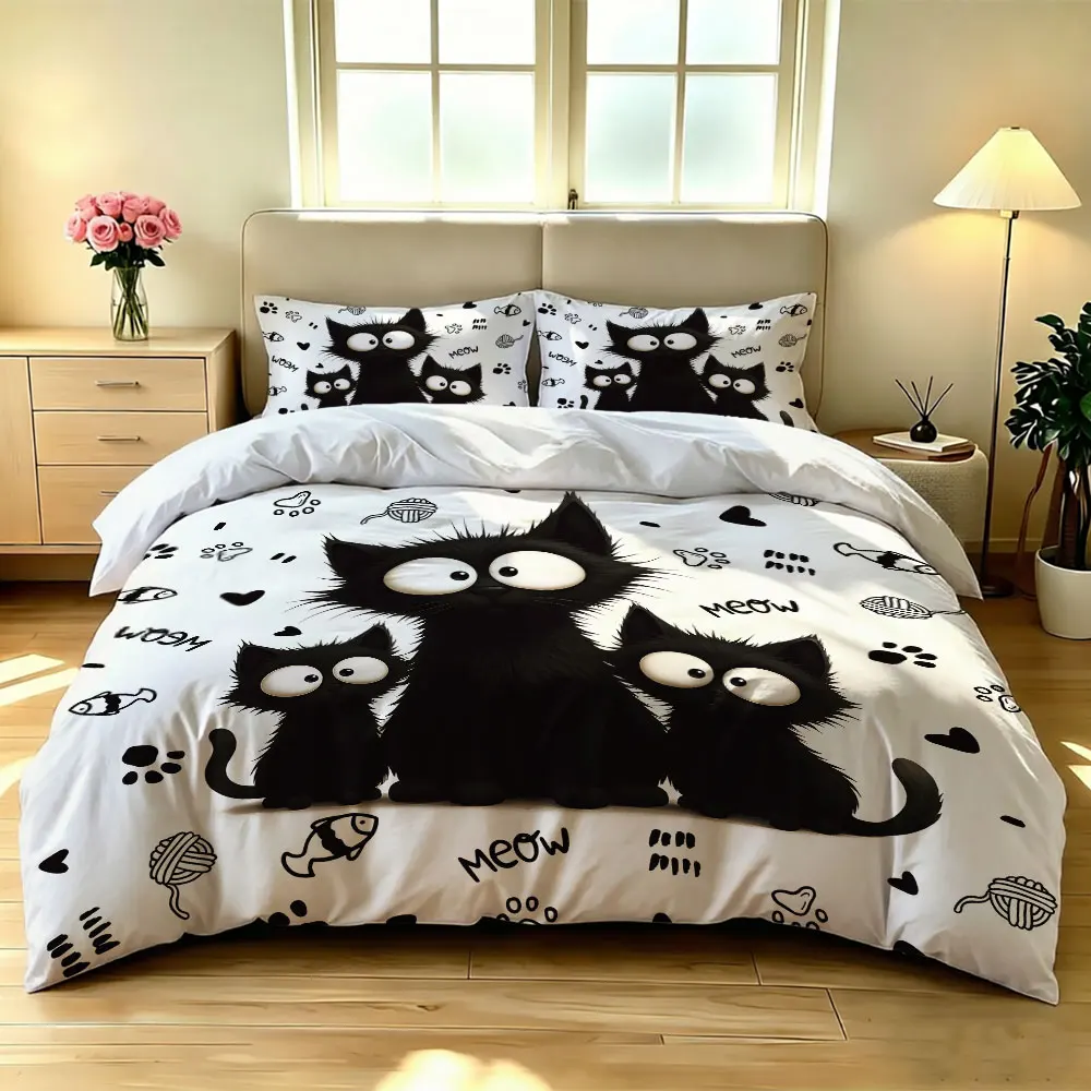 3pcs Black Cats Paw Print Duvet Cover Set Cute Kitten Soft Microfiber Bedding Set with Pillowcases Bedroom Decor Gift