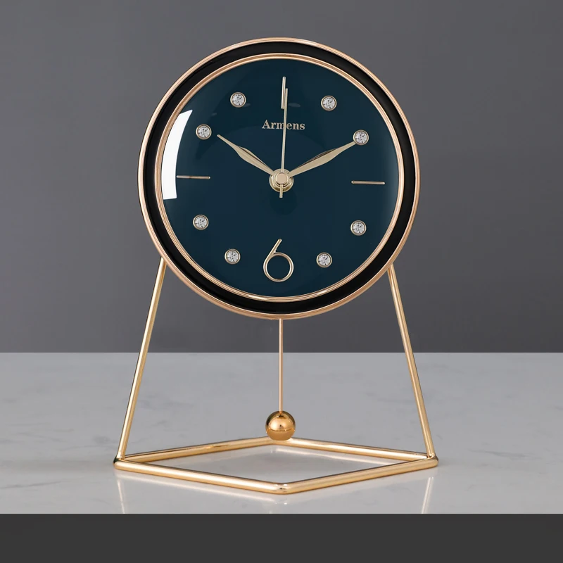 

Luxury 8inch Alloy Mute Desk Table Clock with Diamond Pendulum Deco Clock for Bedroom Livingroom