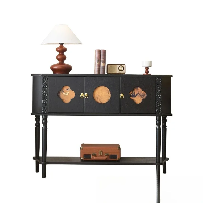 

French retro entrance cabinet, solid wood black, living room entry decoration cabinet, medieval style display, entrance desk