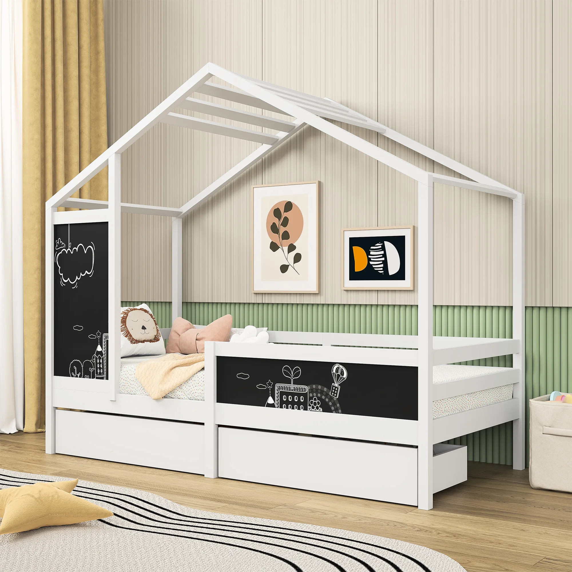 Łóżko dziecięce 90 x 200 cm, łóżko drewniane z tablicą i 2 szufladami, lite drewno z ogrodzeniem i ramą z listew