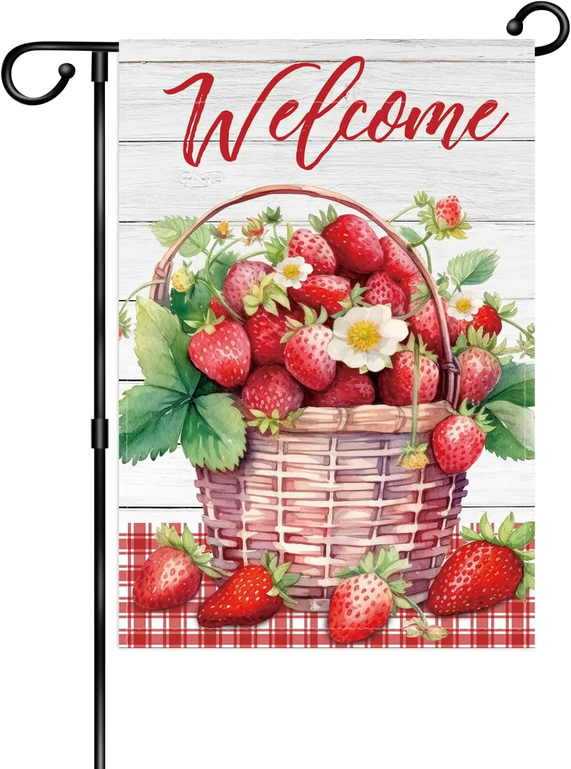 WHPCT Strawberry Welcome Garden Flag,Strawberry and Wood Board Garden Flag, Summer Fruit Theme Yard Sign Lawn Sign -12 x 18 Inch