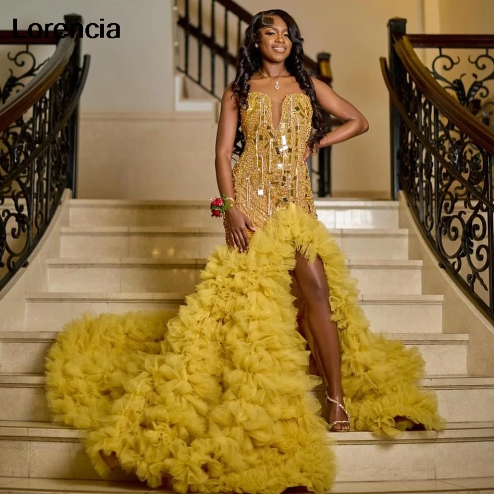 Lorencia Gold strass Prom Dress African Slay Queen Dress per Blackgirl High Slit Crystal Ruffles Party Gala Gown YPD108