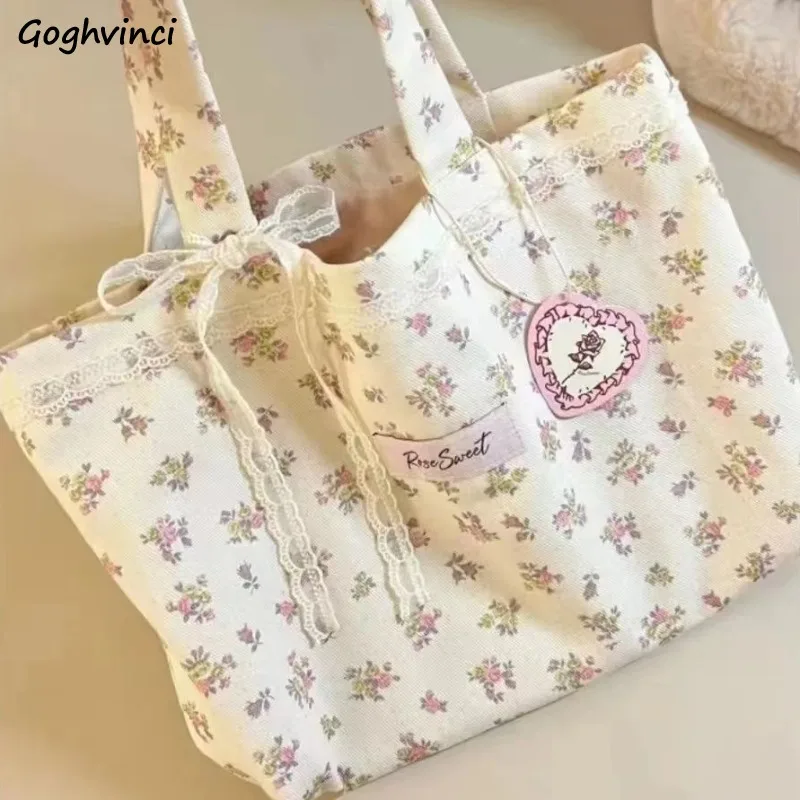 Canvas Tote Bags Women Floral Sweet Students Commuter Korean Fashion Handbags College Bolsas Designed All-match Shoulder Bag