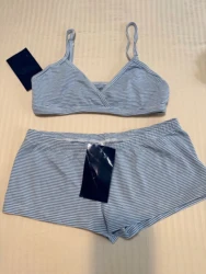 Blue Striped Bra Shorts Set Women Sexy V-neck Slim Bras with Straight Sweatshorts Sweet Cute Cotton Home Pajama 2 Piece Sets New