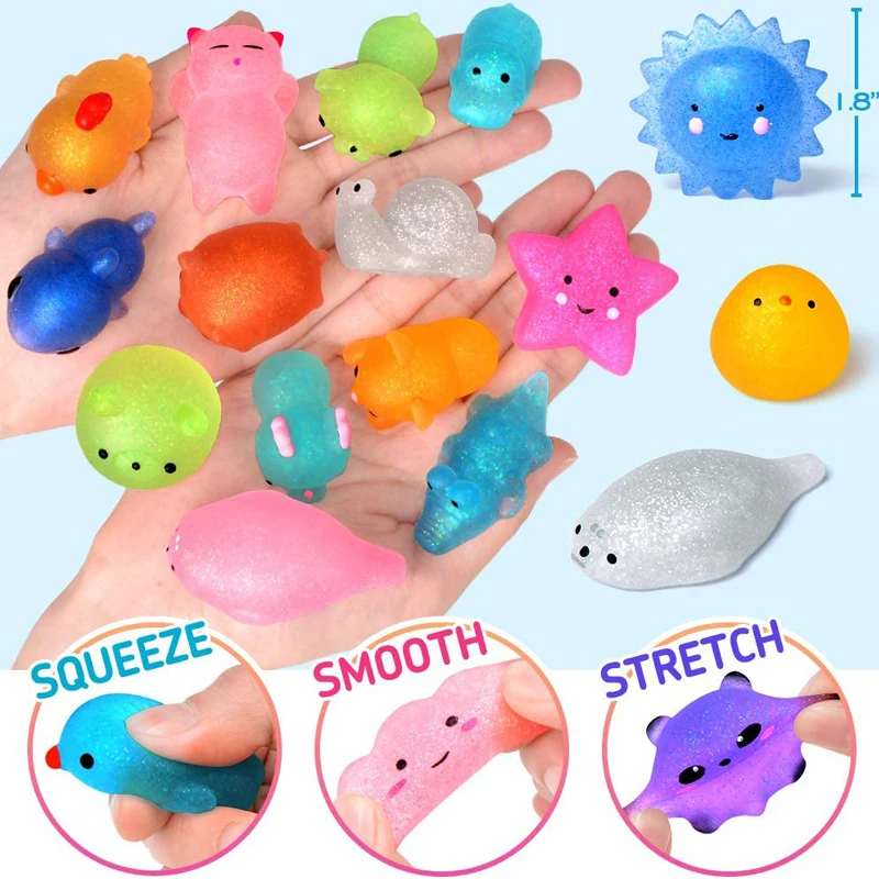 50 PZ Kawaii Glitter Mochi Squishy Antistress giocattoli Aula Premi Per I Bambini Festa Di Compleanno Bomboniere Cadeaux Anniversaire Enfant