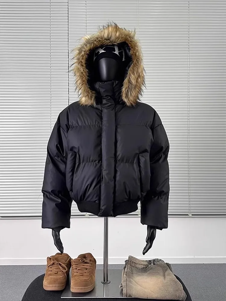 Uncledonjm Faux Fur Collar Thickened Puffer Jacket Y2k Coats Men High Street Hooded Parkas