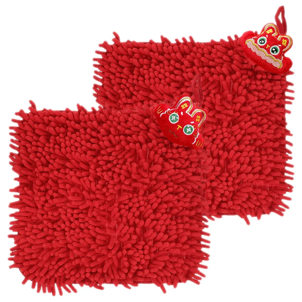 2Pcs Chenille Hand Towel Easy Clean Non Deform Supple Hand Drying Towel for Bathroom Kitchen Household Use Hanging Lanyard