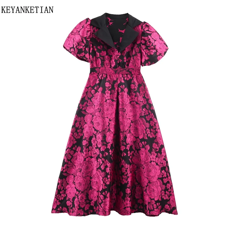 

Новинка KEYANKETIAN: Весеннее женское платье с воротником-стойкой, рукавами-фонариками, жаккардовым узором, завышенной талией и длинной юбкой А-силуэта, повседневное